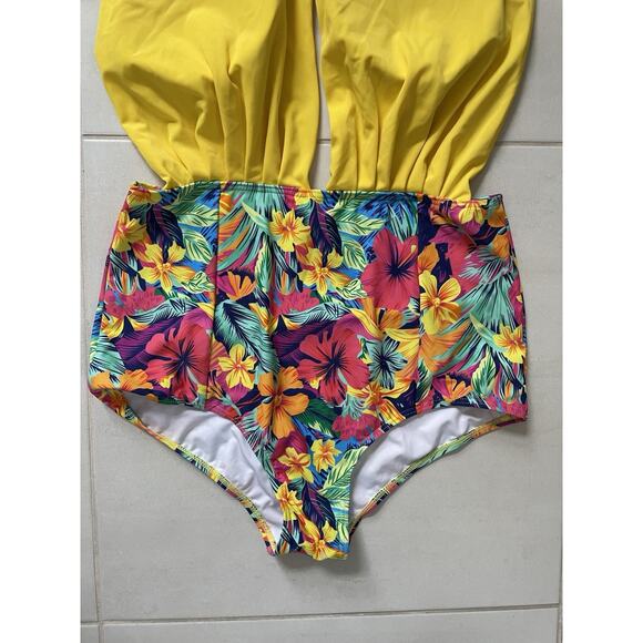 Cocoship Swim One Piece Swimsuit Halter Floral Color Block Swimwear - Picture 3 of 10